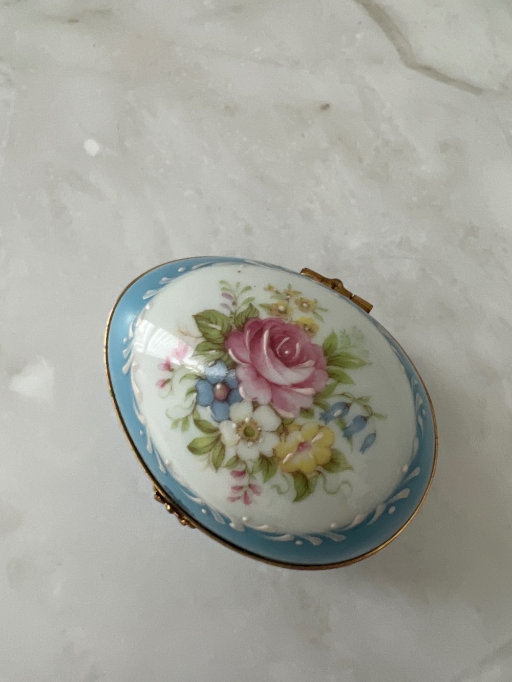 Limoges Castel Egg Box Fait Main | Blue Raised Enamel Rose Bouquet | Vintage